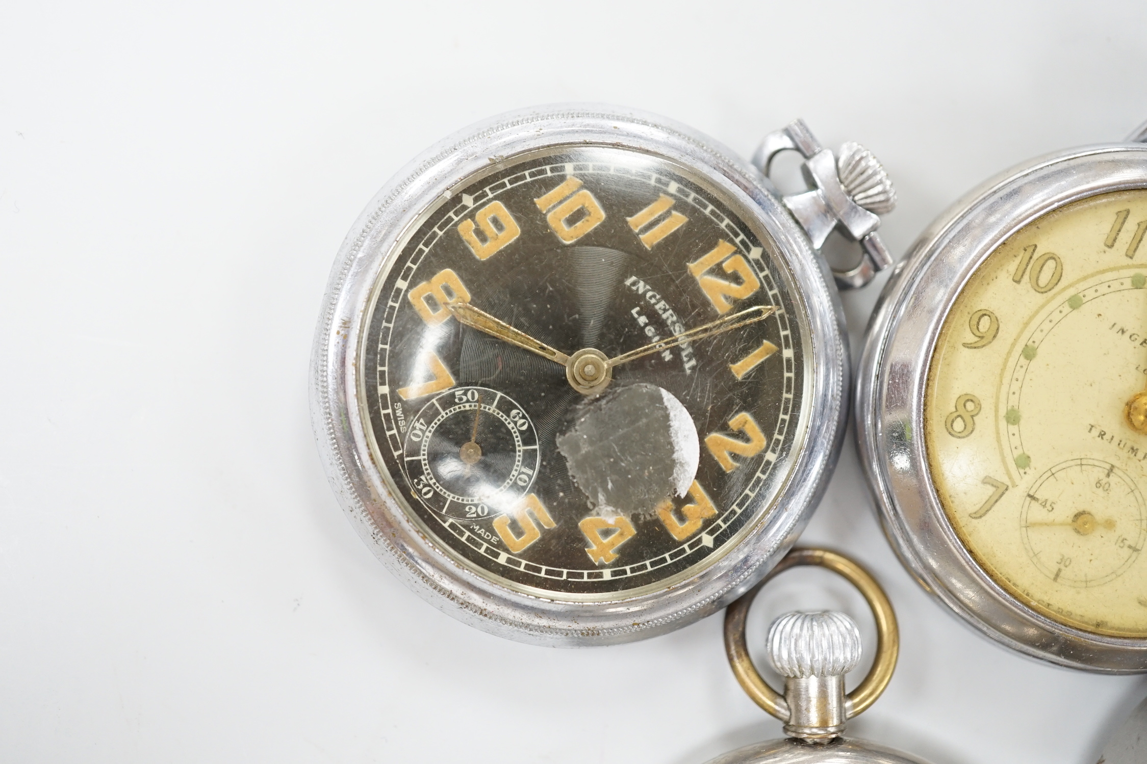 Ten assorted base metal pocket watches including Ingersoll football related, Smiths and Smiths Empire etc.